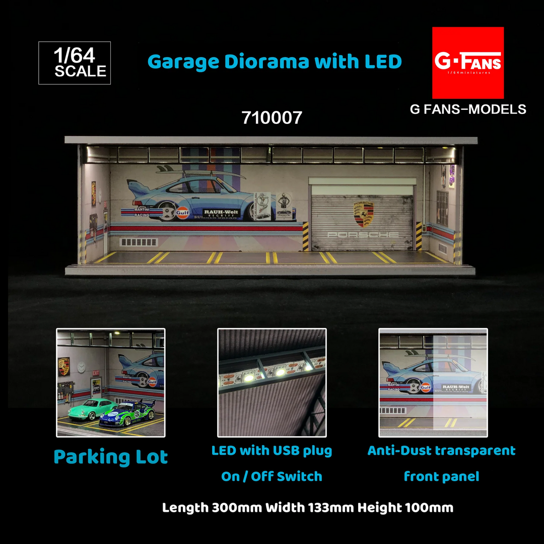 Porsche RWB Theme 1:64 Scale Garage Diorama by G-Fans with LED Lighting 710007