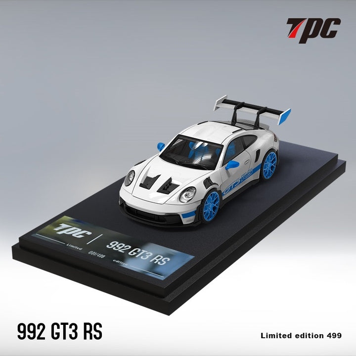 Porsche 911 992 GT3 RS White with Blue Wheels and Figurine 1:64 Scale Diecast Model by TPC Display View