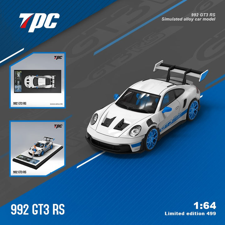 Porsche 911 992 GT3 RS White with Blue Wheels and Figurine 1:64 Scale Diecast Model by TPC