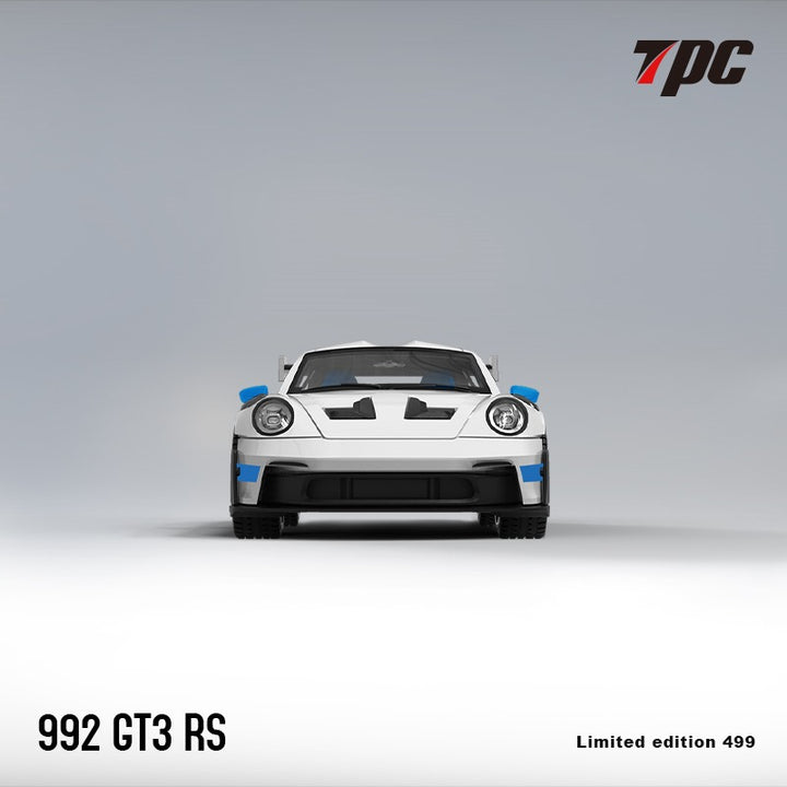 Porsche 911 992 GT3 RS White with Blue Wheels and Figurine 1:64 Scale Diecast Model by TPC Front View