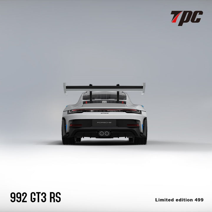 Porsche 911 992 GT3 RS White with Blue Wheels and Figurine 1:64 Scale Diecast Model by TPCby TPC Rear View