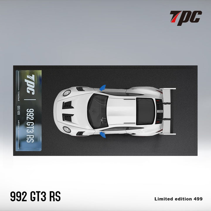 Porsche 911 992 GT3 RS White with Blue Wheels and Figurine 1:64 Scale Diecast Model by TPC by TPC Top View