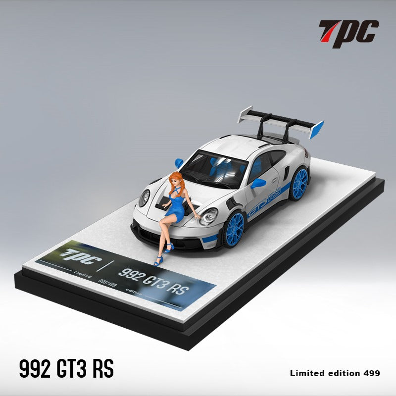 Porsche 911 992 GT3 RS White with Blue Wheels and Figurine 1:64 Scale Diecast Model by TPC with Figurine