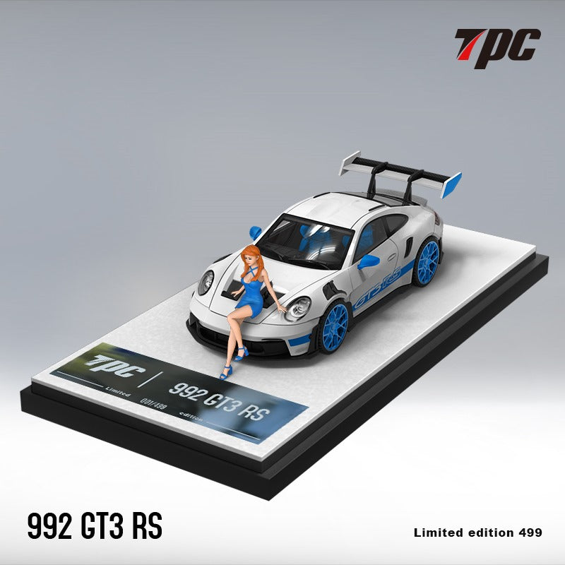 Porsche 911 992 GT3 RS White with Blue Wheels & Figurine 1:64 (Scratch & Dent)
