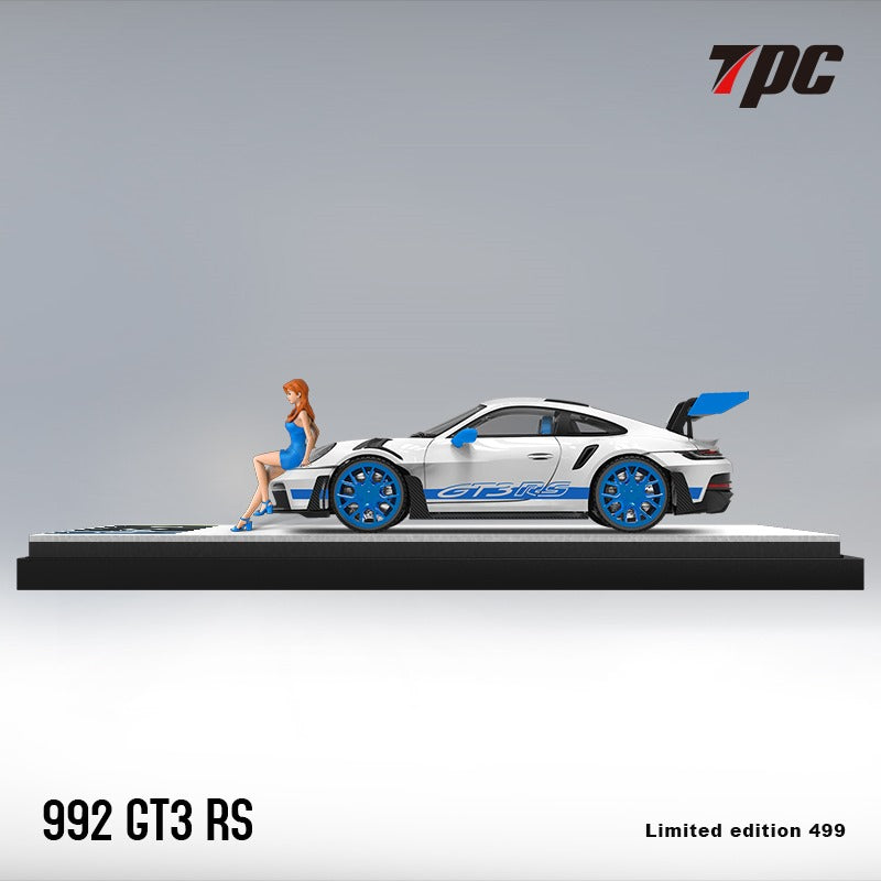 Porsche 911 992 GT3 RS White with Blue Wheels and Figurine 1:64 Scale Diecast Model by TPC Display with Figurine Side View