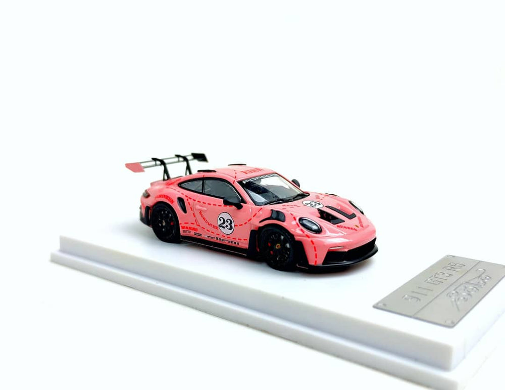 Porsche 911 992 GT3 RS Pink Pig #23 1:64 Scale Diecast Model by Solo Front and Side Display Stand View