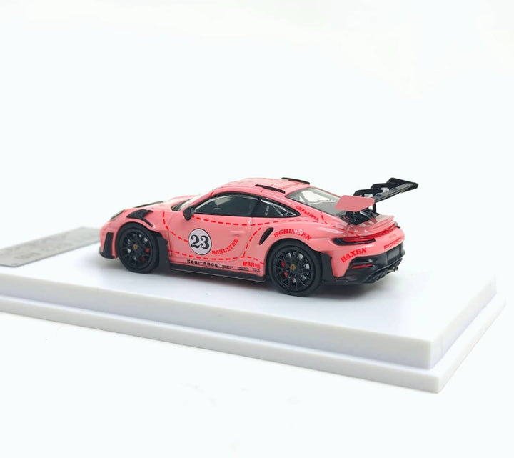 Porsche 911 992 GT3 RS Pink Pig #23 1:64 Scale Diecast Model by Solo Rear Display Stand View