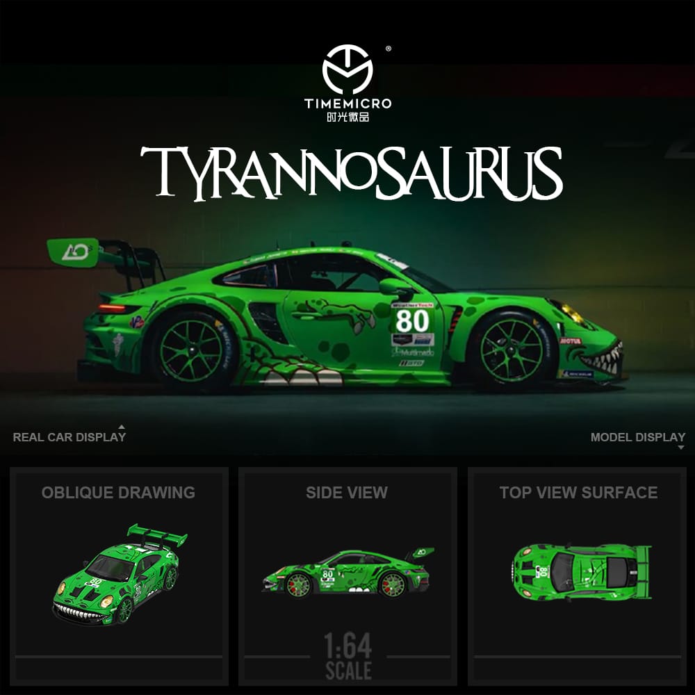 Porsche 992 GR3 RS #80 Tyrannosaurus Green 1:64 Scale Diecast Model with Figurine by Time Micro TM644608-1