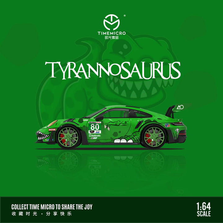 Porsche 992 GR3 RS #80 Tyrannosaurus Green 1:64 Scale Diecast Model without Figurine by Time Micro TM644608 Side View