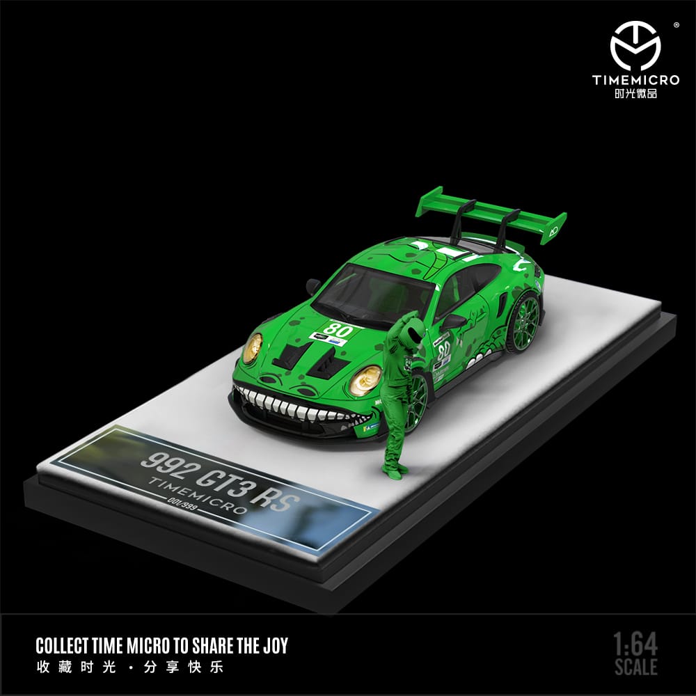 Porsche 992 GR3 RS #80 Tyrannosaurus Green 1:64 Scale Diecast Model with Figurine by Time Micro TM644608-1 Display