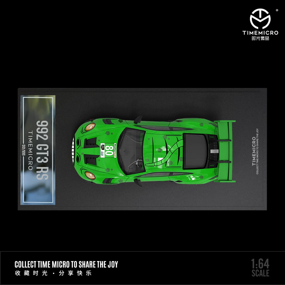 Porsche 992 GR3 RS #80 Tyrannosaurus Green 1:64 Scale Diecast Model with Figurine by Time Micro TM644608-1 Top View
