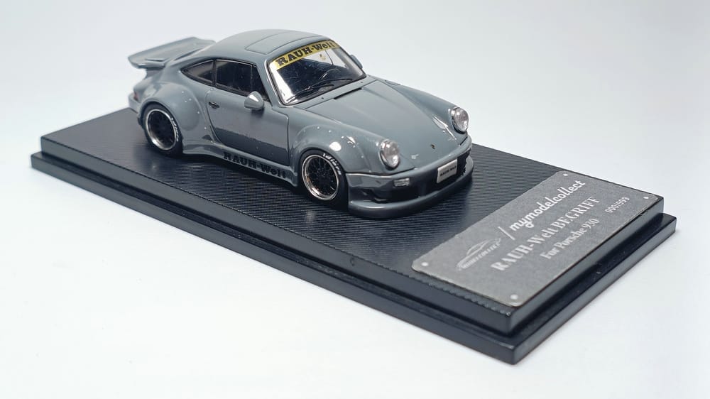 Porsche RWB 930 Cement Grey Ducktail 1:64 Scale Diecast Model by Model Connect Display Stand View