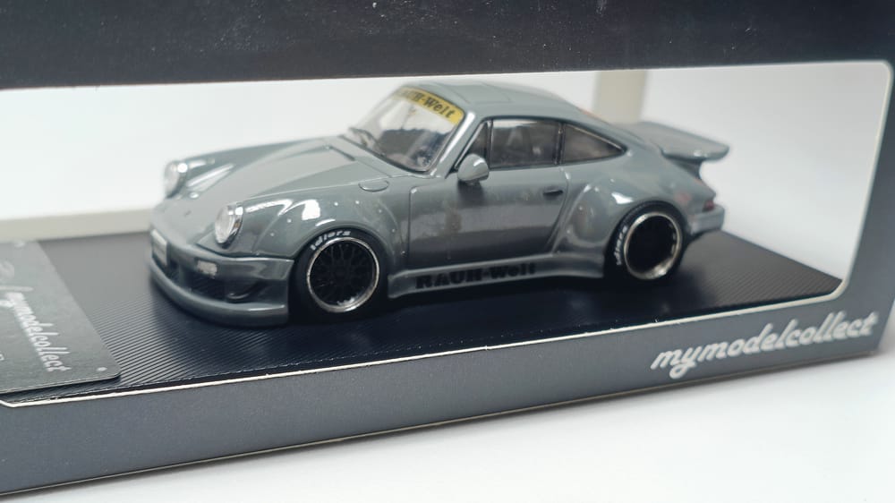 Porsche RWB 930 Cement Grey Ducktail 1:64 Scale Diecast Model by Model Connect Display Package View