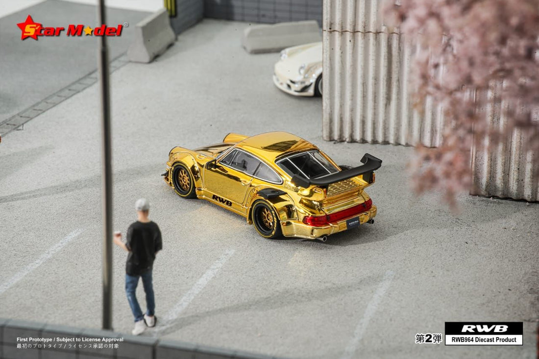 Porsche 911 RWB 964 GT Wing in Chrome Gold 1:64 Scale Diecast Car by Star Model Rear View