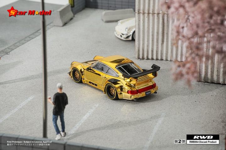 Porsche 911 RWB 964 GT Wing in Chrome Gold 1:64 Scale Diecast Car by Star Model Rear View