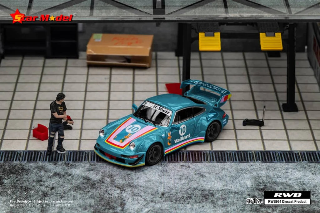 Porsche RWB 964 GT Wing Green Vaillant #10 1:64 Scale Diecast Model by Star Model Front and Drivers Side View
