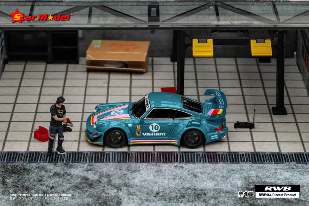 Porsche RWB 964 GT Wing Green Vaillant #10 1:64 Scale Diecast Model by Star Model Diorama Side View