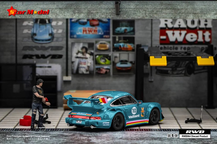 Porsche RWB 964 GT Wing Green Vaillant #10 1:64 Scale Diecast Model by Star Modell Diorama Rear View