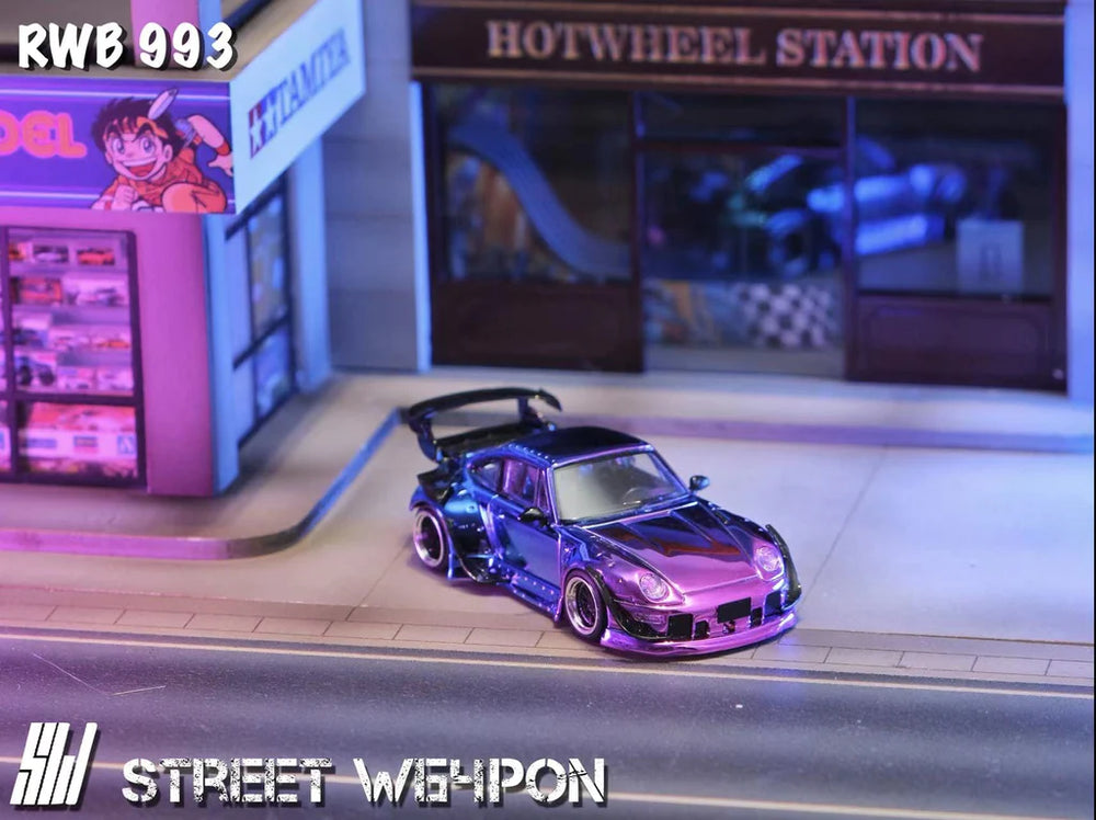Porsche RWB 993 Gradient Chrome Purple Street Weapon 1:64 Scale Diecast Model by Street Weapon Front  and Right Side view