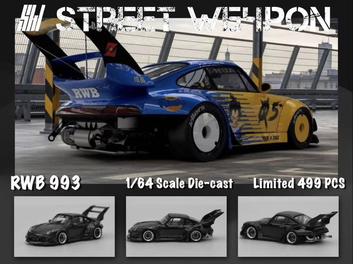 Porsche RWB 993 High Wing Dragon Ball 1:64 Scale Diecast Model by Street Weapon Vegeta Blue Rear View