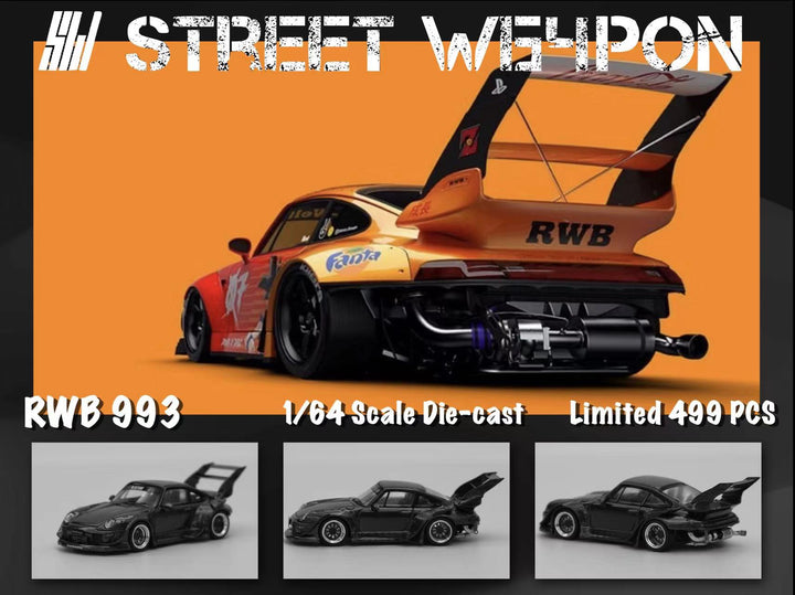 Porsche RWB 993 High Wing Dragon Ball 1:64 Scale Diecast Model by Street Weapon Goku Orange