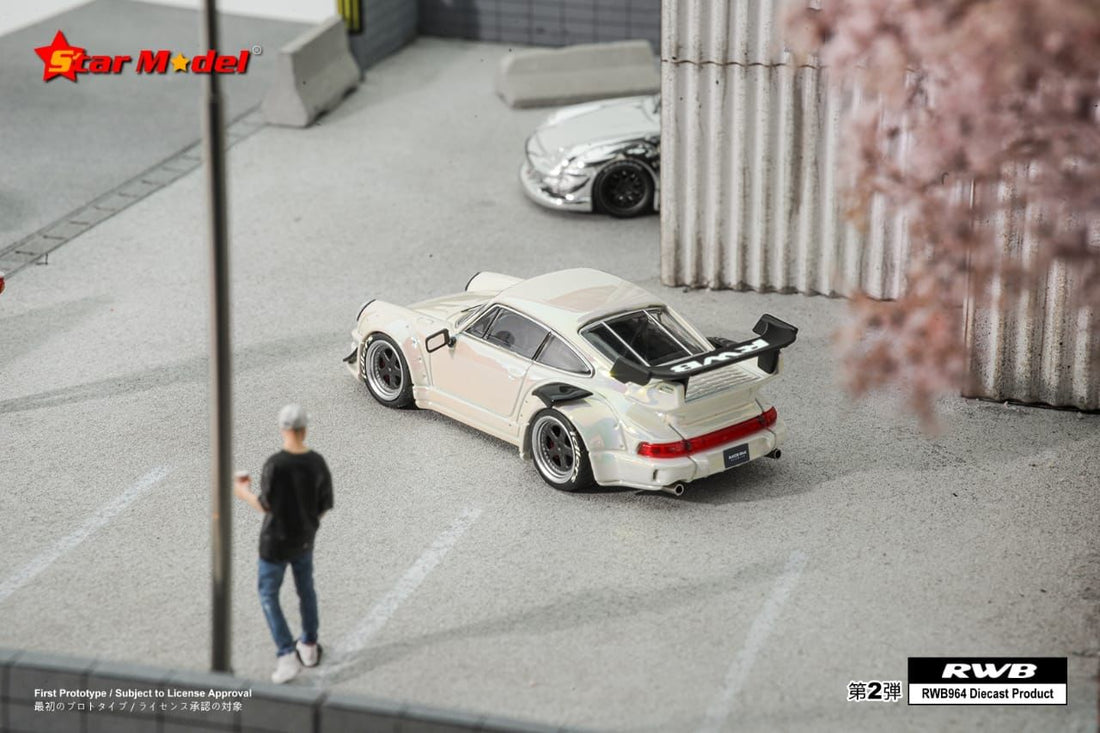 Porsche RWB 993 GT Wing Chrome White 1:64 Scale Diecast Car by Star Model Rear View