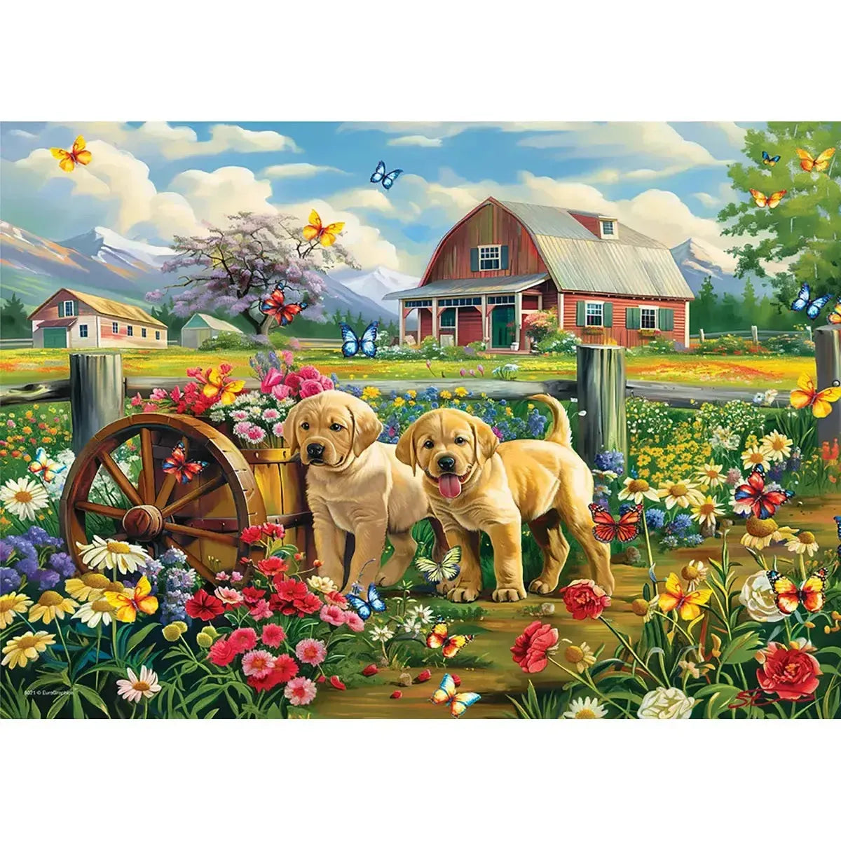Eurographics Puppy Spring 1000 Piece Jigsaw Puzzle featuring playful puppies, colorful flowers and a red barn farm scene - image