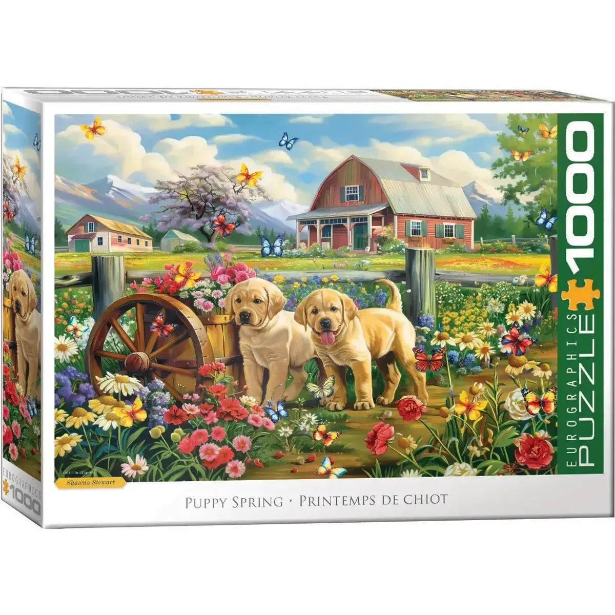 Eurographics Puppy Spring 1000 Piece Jigsaw Puzzle featuring playful puppies, colorful flowers and a red barn farm scene