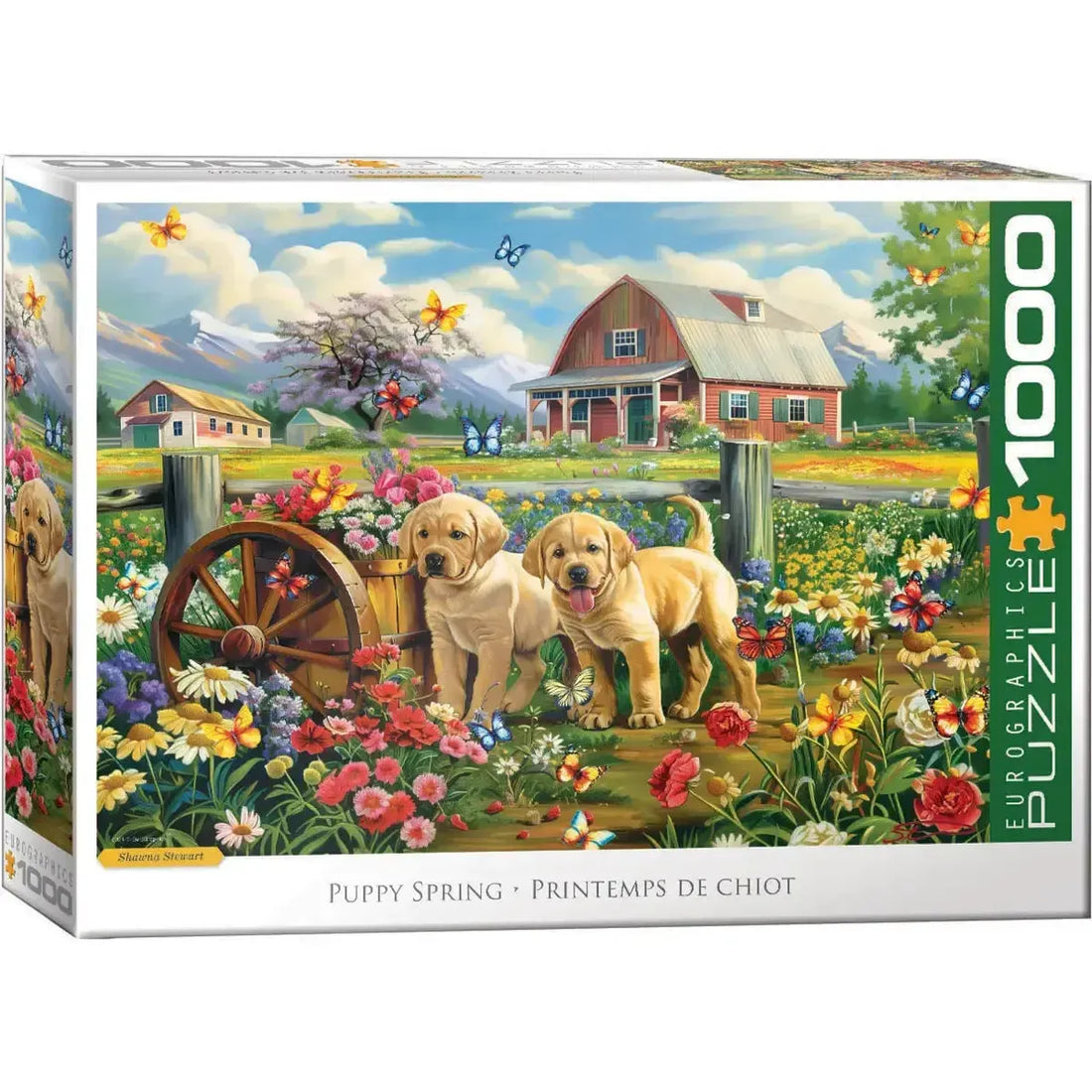 Eurographics Puppy Spring 1000 Piece Jigsaw Puzzle featuring playful puppies, colorful flowers and a red barn farm scene