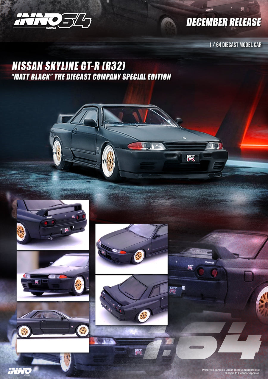 Nissan Skyline GT-R R32 Matt Black "THE DIECAST COMPANY" Special Edition 1:64 by Inno64  IN64-R32-MB