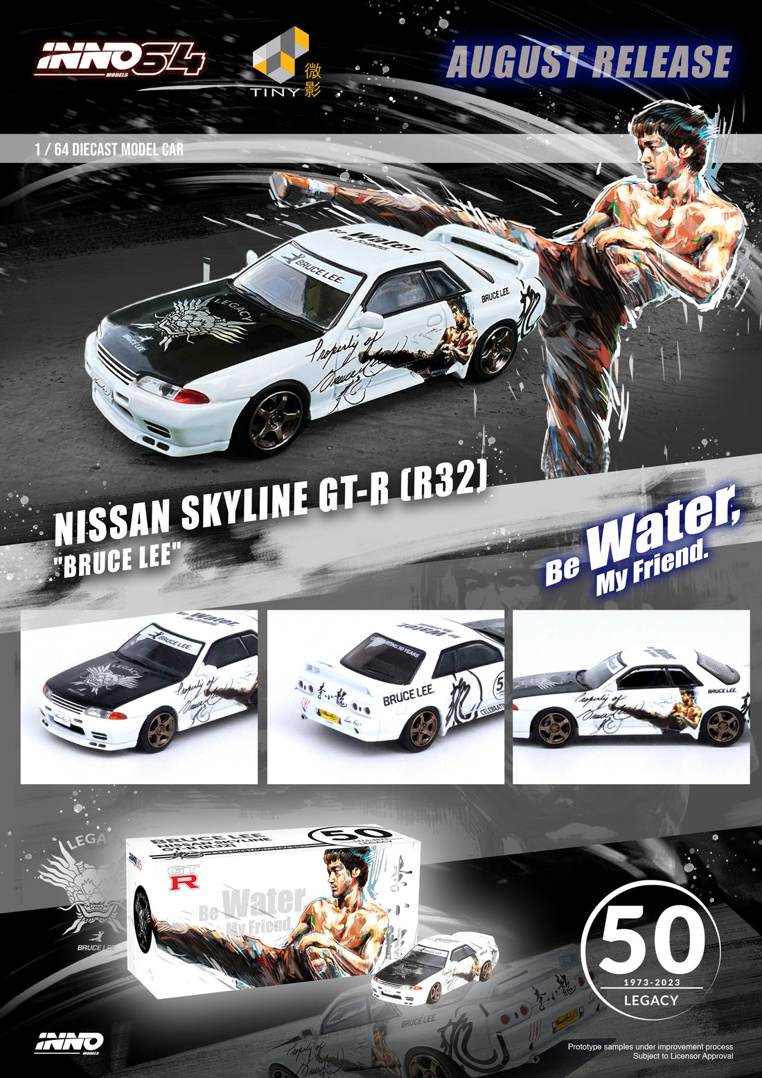 Nissan Skyline GT-R's Series Honoring Bruce Lee's 50th Anniversary 1:64 by Inno64 x TINY Poster White