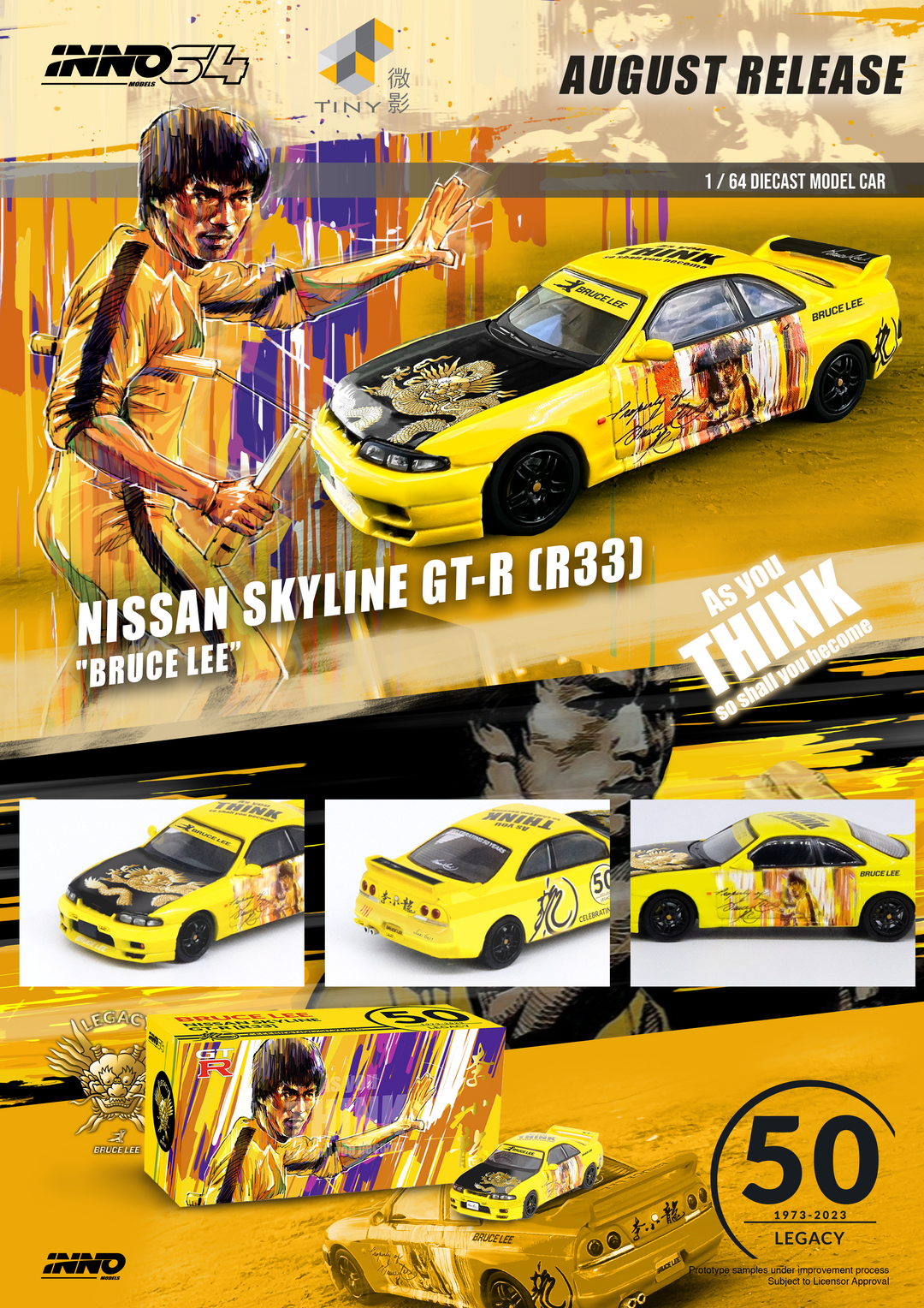 Nissan Skyline GT-R's Series Honoring Bruce Lee's 50th Anniversary 1:64 by Inno64 x TINY Yellow Poster