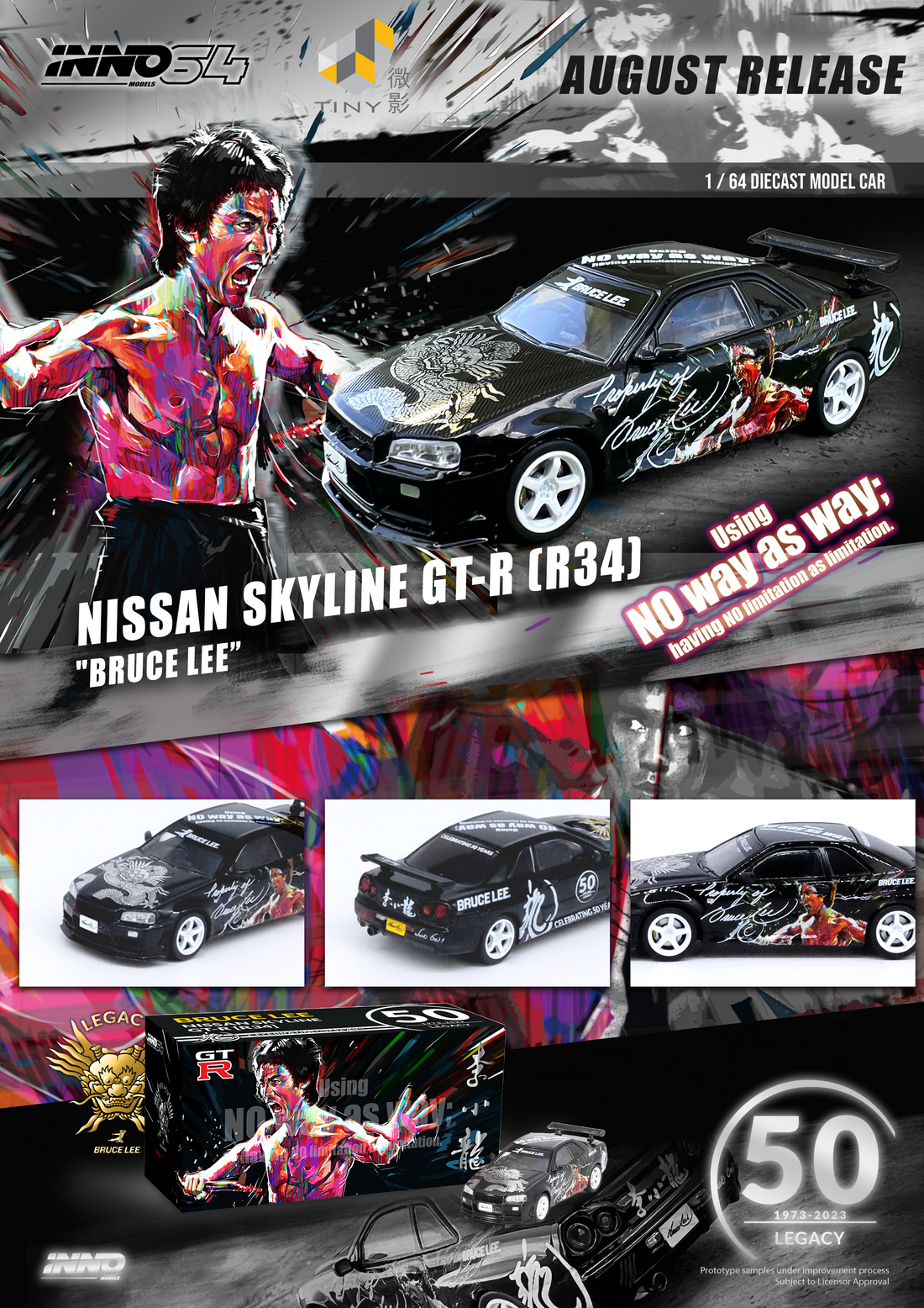 Nissan Skyline GT-R's Series Honoring Bruce Lee's 50th Anniversary 1:64 by Inno64 x TINY Black Poster