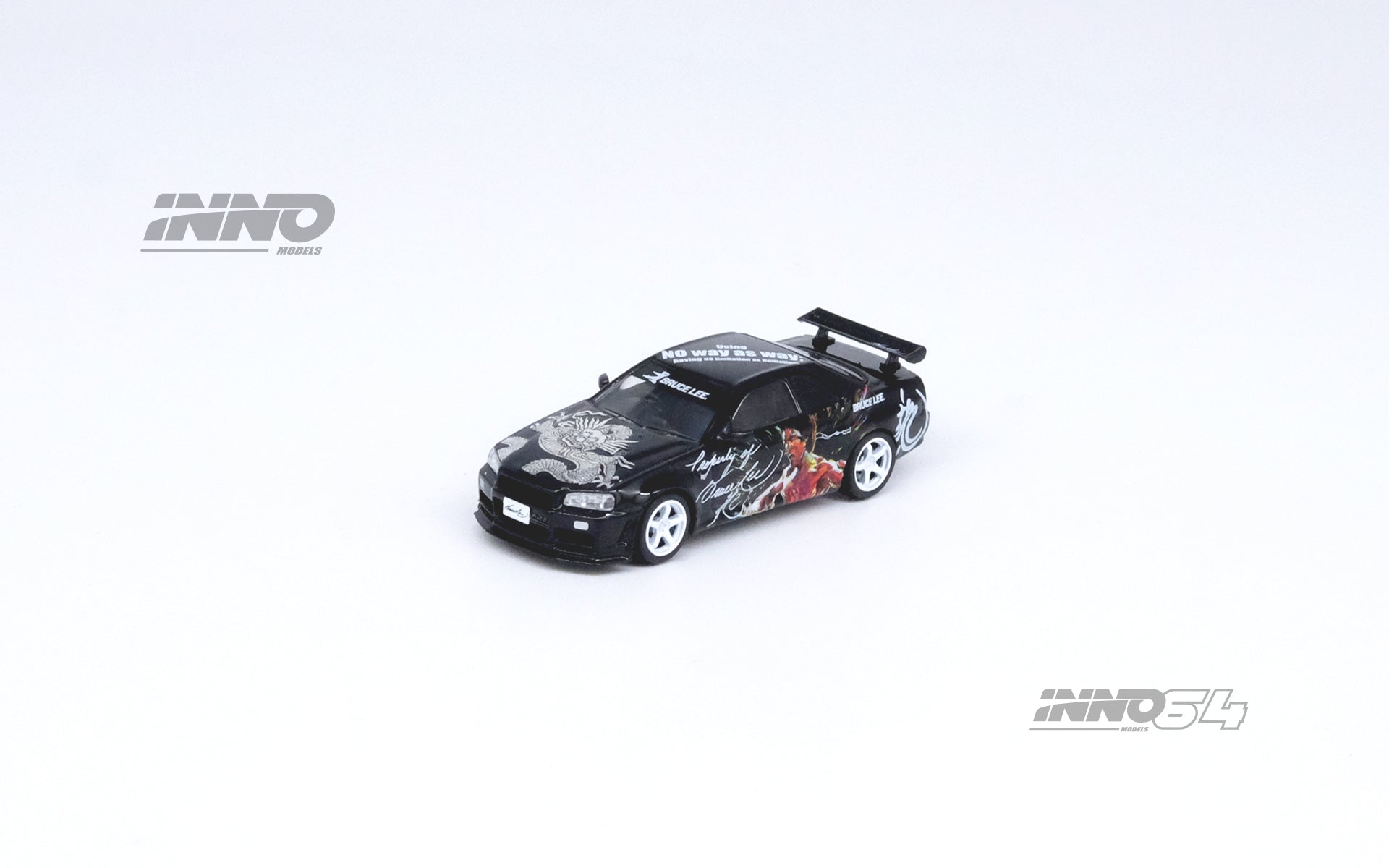 Nissan Skyline GT-R's Series Honoring Bruce Lee's 50th Anniversary 1:64 by Inno64 x TINY Black Angled Front View