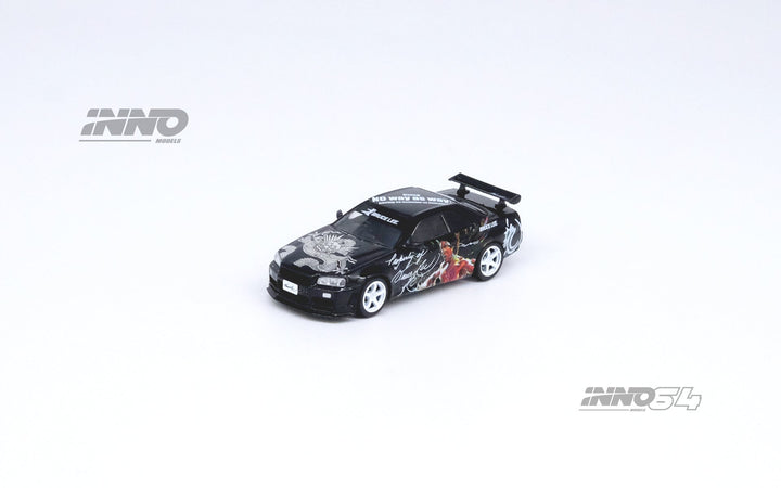 Nissan Skyline GT-R's Series Honoring Bruce Lee's 50th Anniversary 1:64 by Inno64 x TINY Black Angled Front View