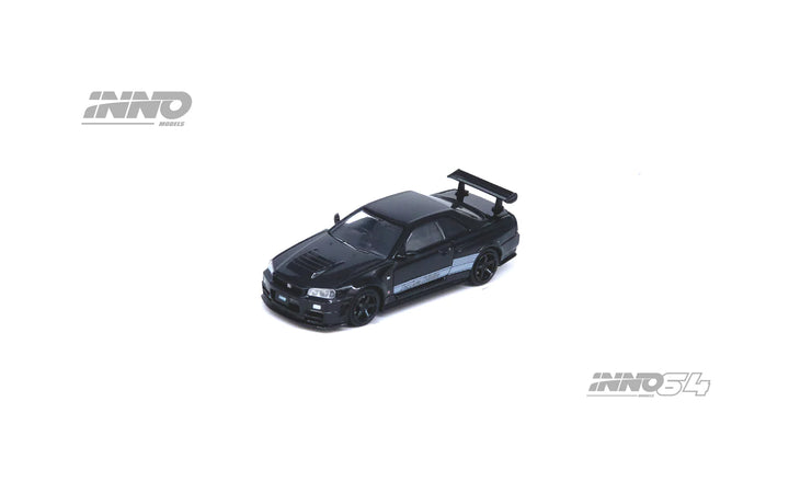 Nissan Skyline R34 Z-Tune "ENDGAME" Australia Special Edition Black Pearl Chase Car 1:64 Scale Diecast Model by Inno64 Front View