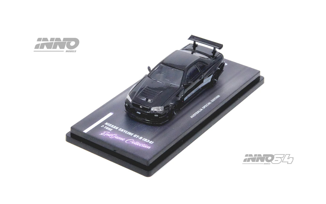 Nissan Skyline R34 Z-Tune "ENDGAME" Australia Special Edition Black Pearl Chase Car 1:64 Scale Diecast Model by Inno64