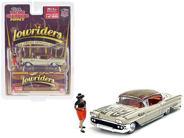 1958 Chevrolet Impala Lowrider Beige with Graphics and Orange Interior with Diecast Figure Limited Edition to 3600 pieces Worldwide 1/64 Diecast Model Car by Racing Champions-0