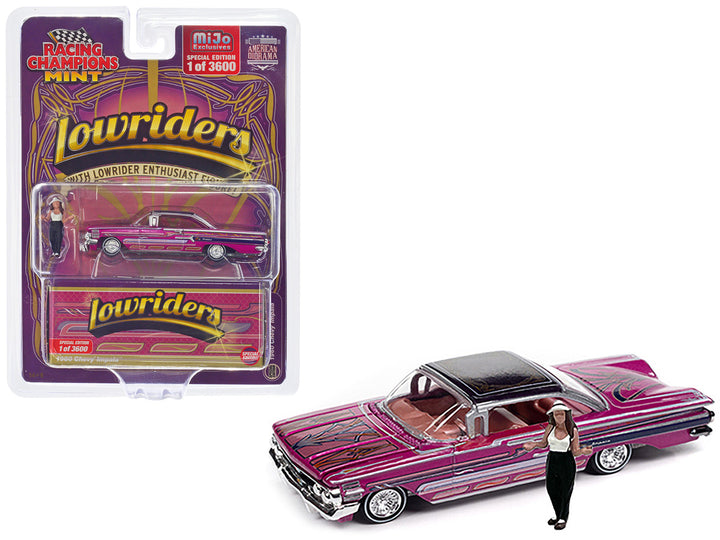 1960 Chevrolet Impala Lowrider Hot Pink Metallic with Black Top and Graphics and Diecast Figure Limited Edition to 3600 pieces Worldwide 1/64 Diecast Model Car by Racing Champions-0