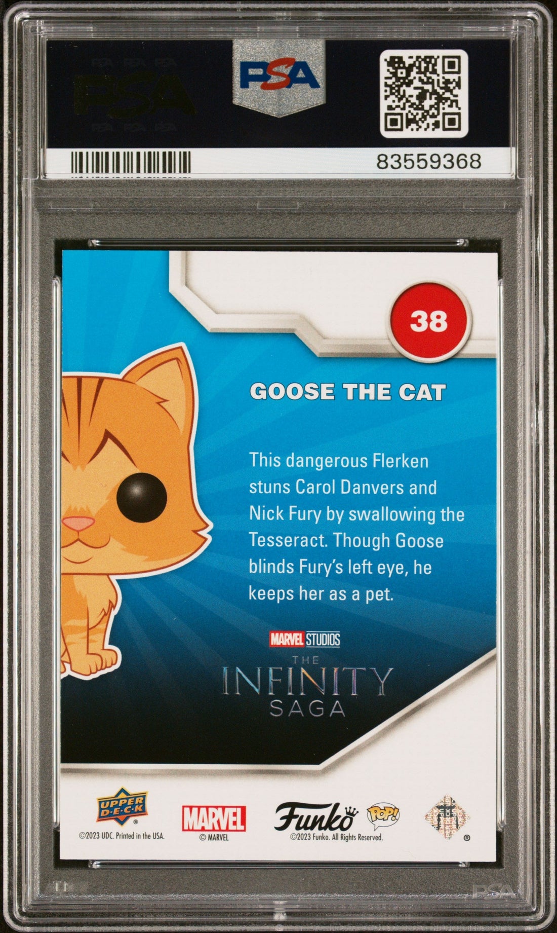 2023 UPPER DECK FUNKO POP MARVEL  GOOSE THE CAT CONFETTI BOMB #38  PSA 9 2