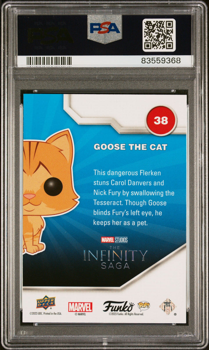 2023 UPPER DECK FUNKO POP MARVEL  GOOSE THE CAT CONFETTI BOMB #38  PSA 9 2