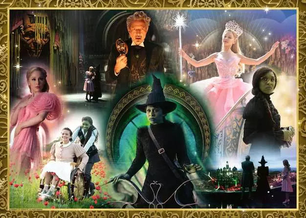Completed Wicked Spellbinding Ravensburger puzzle featuring Elphaba Glinda and movie artwork