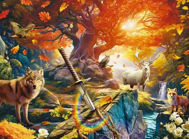 Completed Ravensburger Excalibur Forest puzzle featuring sword in the stone fantasy scene