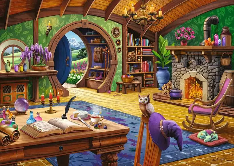 Completed Charmed Cottage Ravensburger puzzle featuring magical cottage interior artwork by Nathanael Mortensen