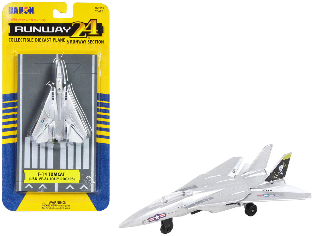 Grumman F-14 Tomcat Fighter Aircraft Silver Metallic "United States Navy VF-84 Jolly Rogers" with Runway Section Diecast Model Airplane by Runway24-0