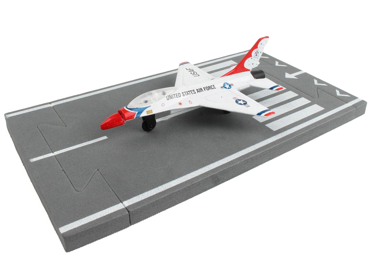 General Dynamics F-16 Fighting Falcon Fighter Aircraft White "United States Air Force Thunderbirds" with Runway Section Diecast Model Airplane by Runway24-1
