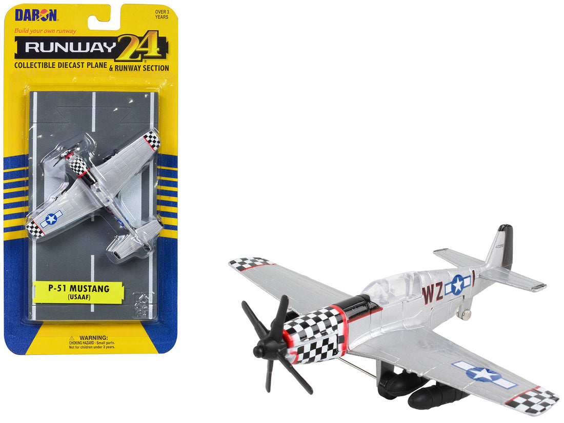 North American P-51 Mustang Fighter Aircraft Silver Metallic "United States Army Air Force" with Runway Section Diecast Model Airplane by Runway24-0