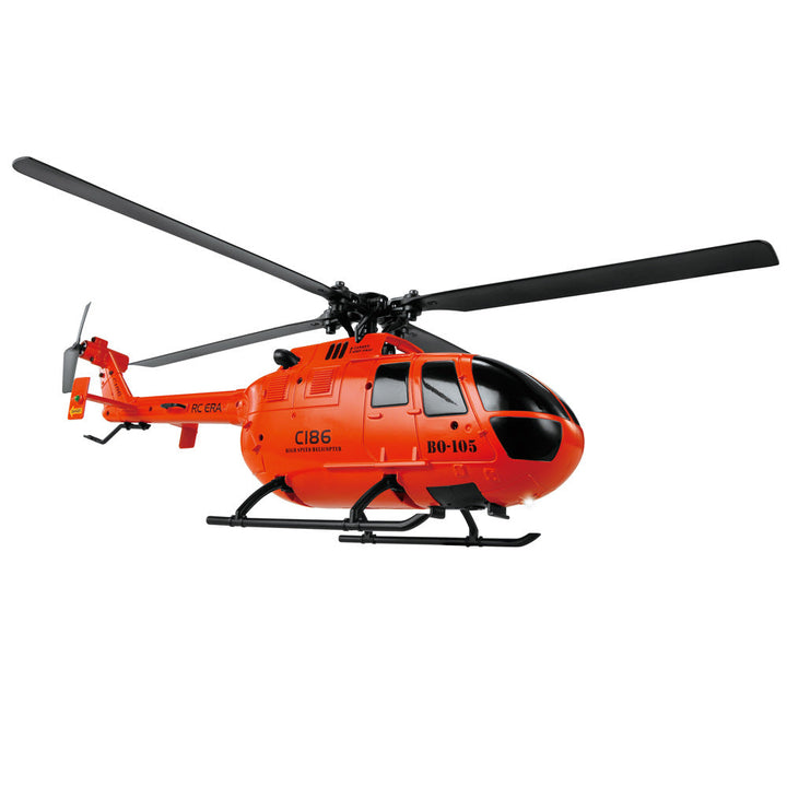 BO105 RC helicopter with orange rescue-style color scheme and transmitter