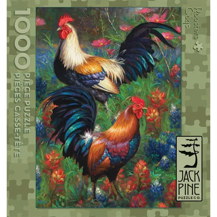 Jack Pine Roosters 1000 Piece Jigsaw Puzzle featuring two colorful roosters with flowers