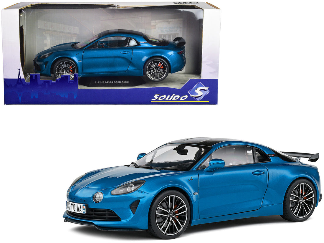 2023 Alpine A110S Pack Aero Bleu Alpine Blue Metallic with Black Top 1/18 Diecast Model Car by Solido-0